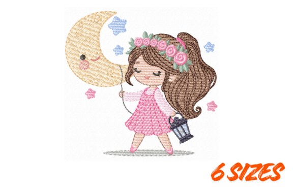 Moon Girl Embroidery Design Cute Kids